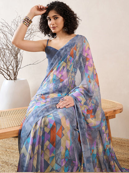 Women's Chiffon Grey Printed Designer Saree With Blouse Piece