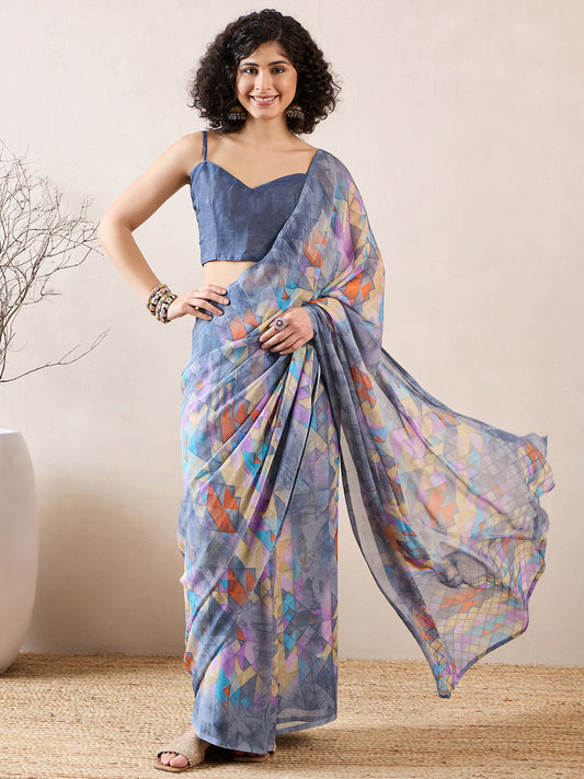 Women's Chiffon Grey Printed Designer Saree With Blouse Piece