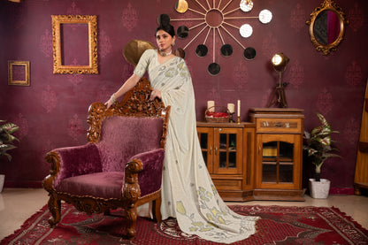 Dhiyona GR Women's Ruby Beige & Pista Mul Cotton Woven Saree