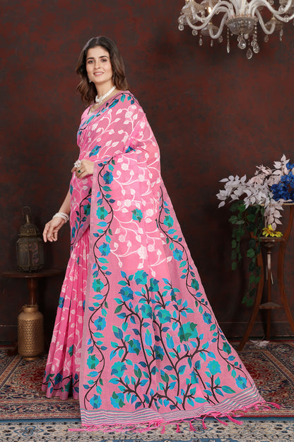 Dhiyona GR Women's Ruhani Cotton Candy Pink Cotton Jamdani Saree