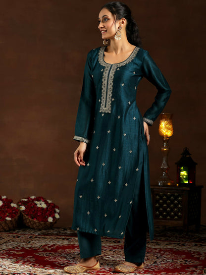 Women's LB Teal Embroidered Silk Blend Straight Suit With Dupatta