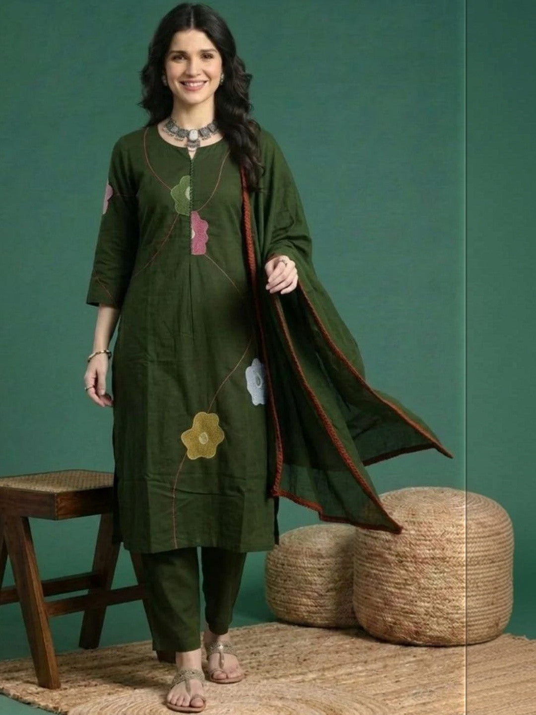 Embroidered Cotton Round Neck Kurta & Trousers With Dupatta