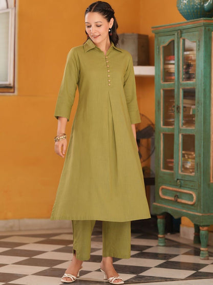 Dhiyona RR Women's Shirt Collar Pure Cotton A-Line Kurta With Trousers