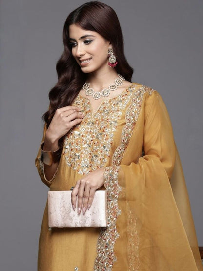 Dhiyona KL Women Ethnic Motifs Embroidered Regular Chanderi Silk Kurta with Palazzos & With Dupatta