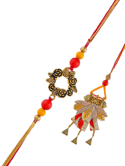Dhiyona Orange Beaded Bhaiya Bhabhi Rakhis With Roli Chawal & Greeting Card
