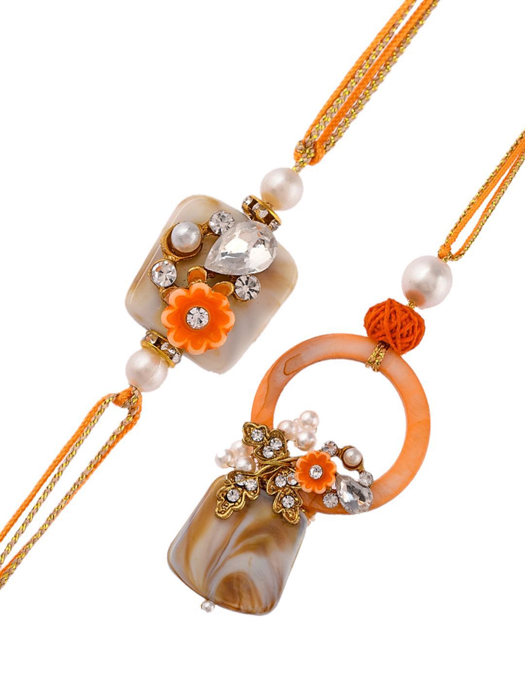 Dhiyona Orange Beaded Bhaiya Bhabhi Rakhi With Roli Chawal & Greeting Card