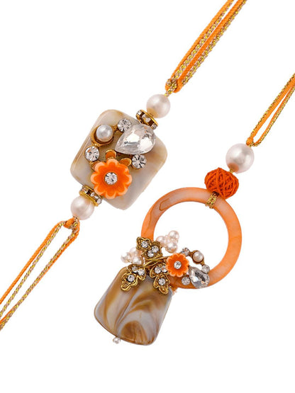 Dhiyona Orange Beaded Bhaiya Bhabhi Rakhi With Roli Chawal & Greeting Card
