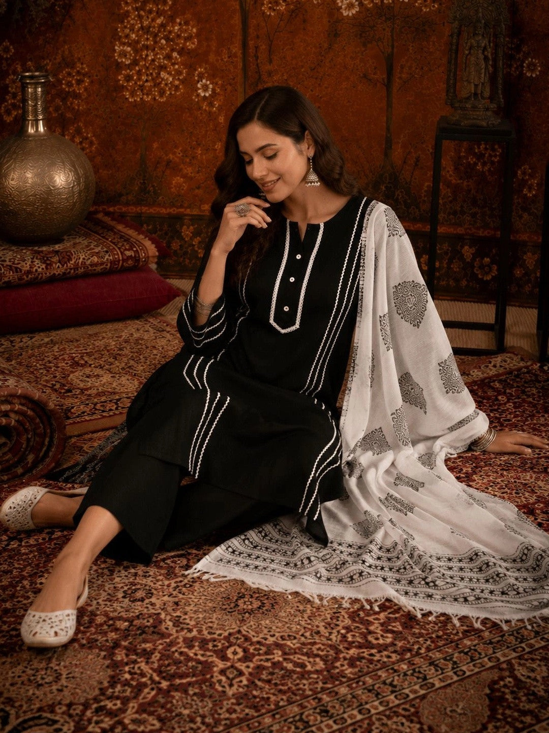 Striped Round Neck Straight Kurta With Palazzos & Dupatta