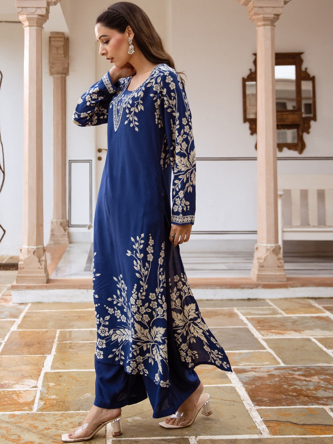 Embroidered & Printed V-Neck Kurta & Palazzos
