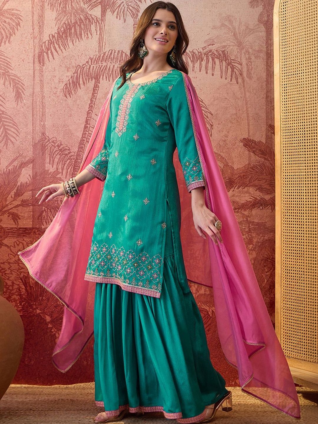 Dhiyona SN Embroidered Round Neck Kurta Sharara & Dupatta