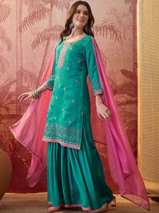 Dhiyona SN Embroidered Round Neck Kurta Sharara & Dupatta
