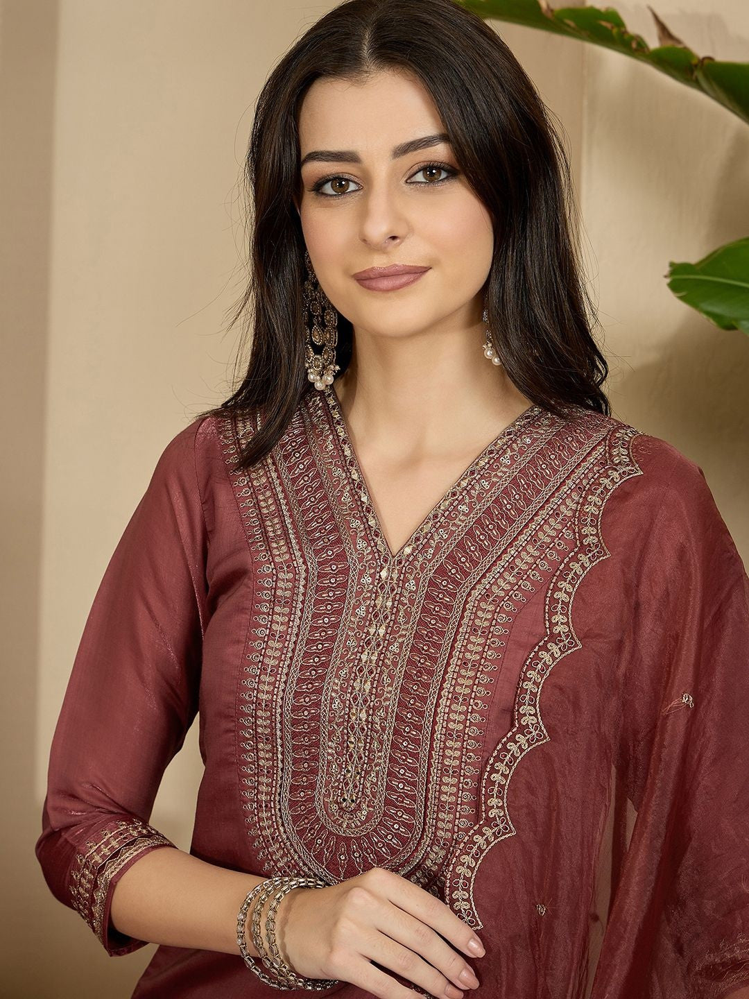 Embroidered V-Neck Kurta & Trousers With Dupatta