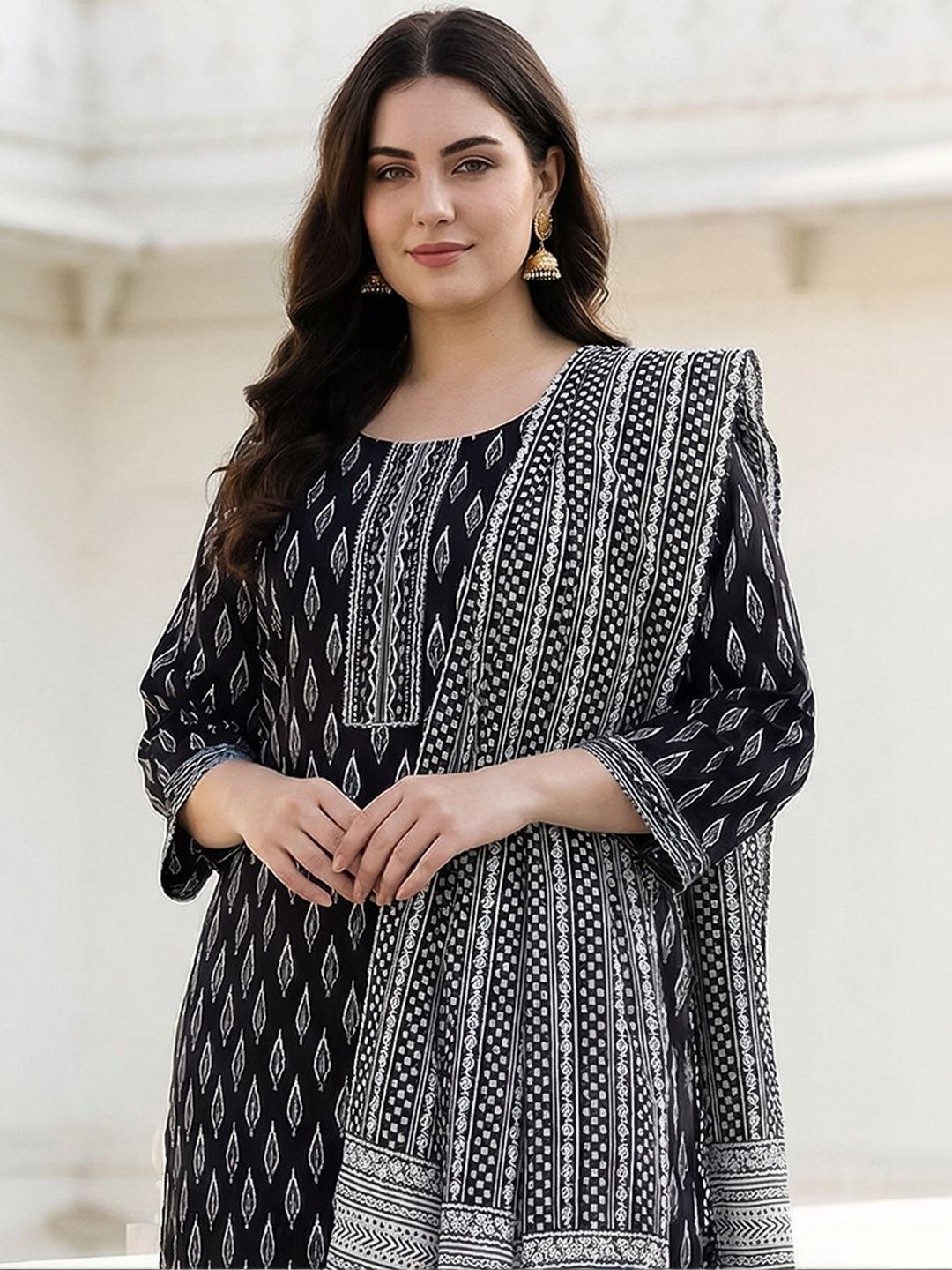 Dhiyona Women's Ethnic Motifs Printed Mirror Work Pure Cotton Kurta with Palazzos & With Dupatta