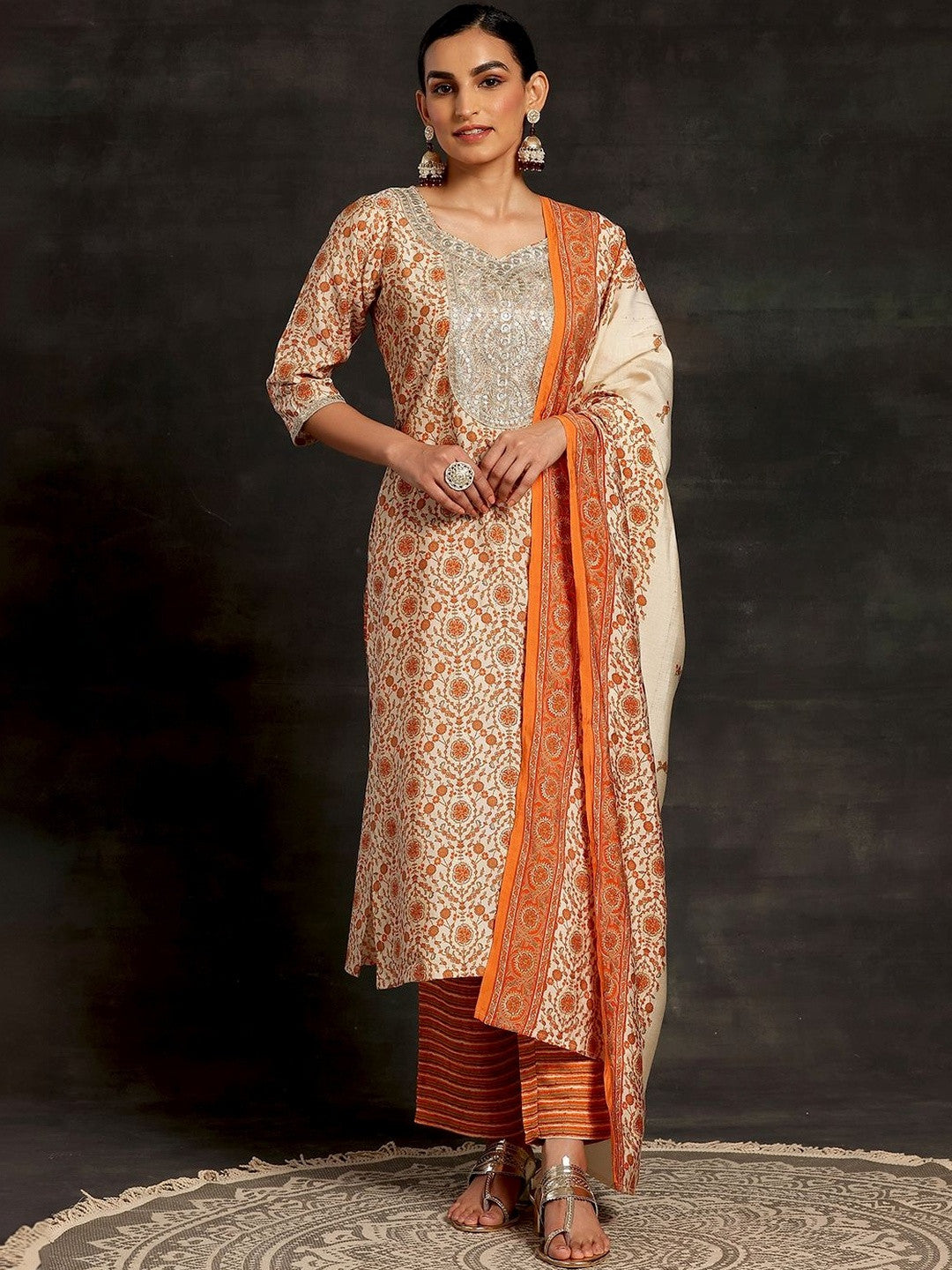 Women Floral Printed Regular Sequinned Kurta with Trousers & With Dupatta