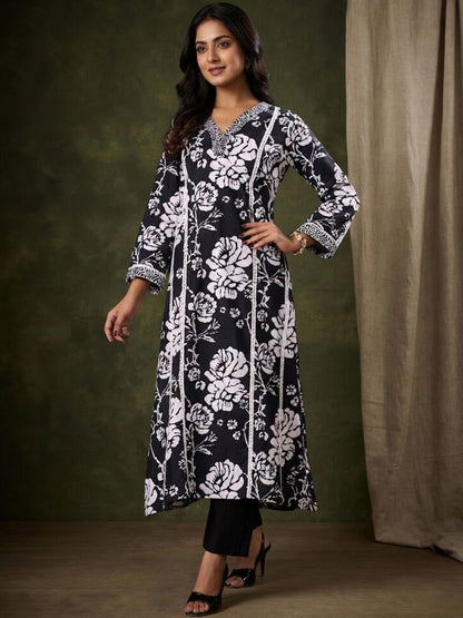 Printed Pure Cotton V-Neck Kurta & Trousers