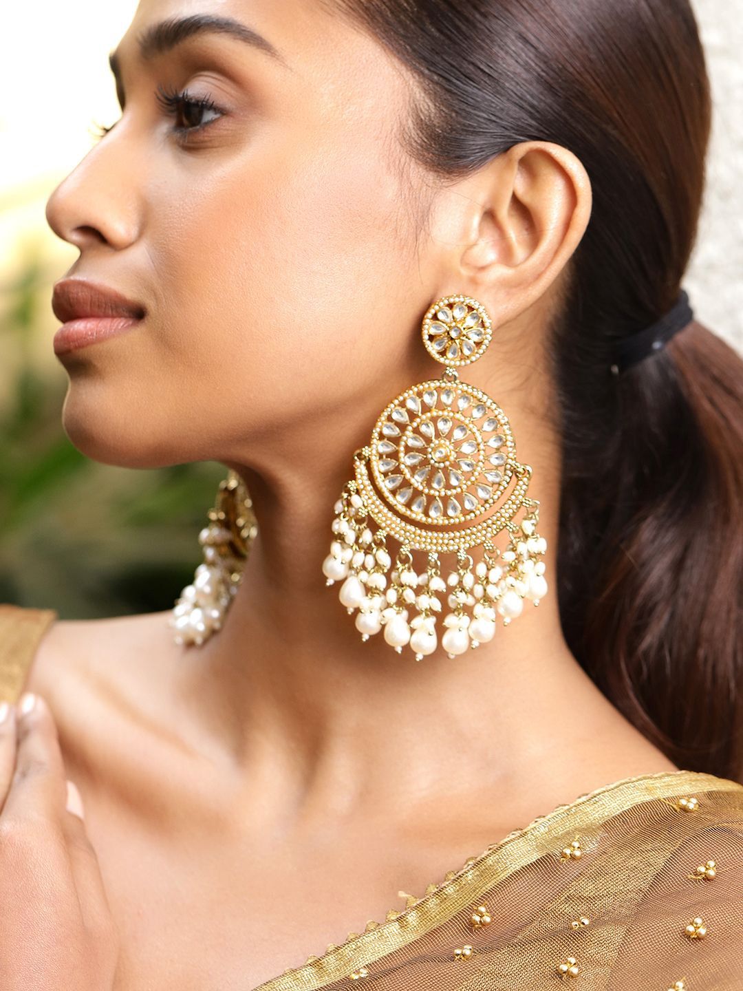 Dhiyona RJ Women's 18K Gold Plated Kundan Studed White Pearl Beaded Handcrafted Long Chandbali Earring