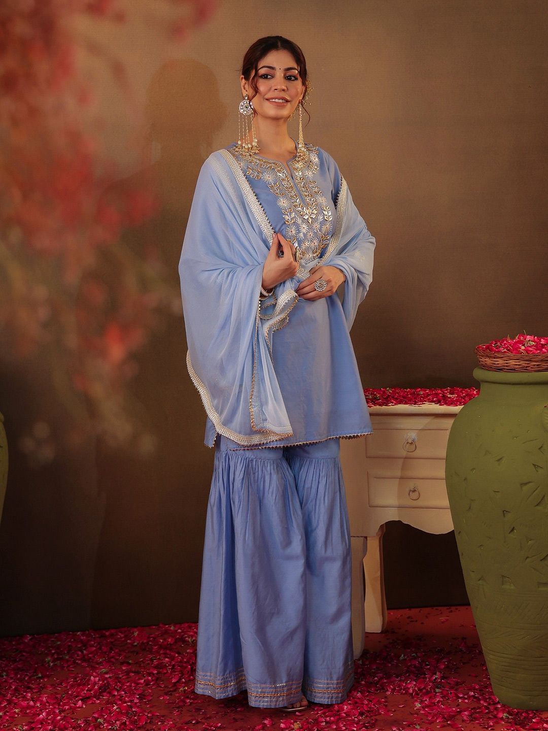 Dhiyona SC Floral Yoke Design Gotta Patti Chanderi Silk Straight Kurta With Sharara & Dupatta