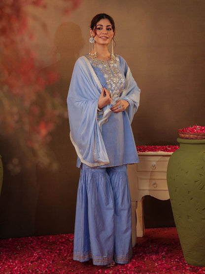 Dhiyona SC Floral Yoke Design Gotta Patti Chanderi Silk Straight Kurta With Sharara & Dupatta