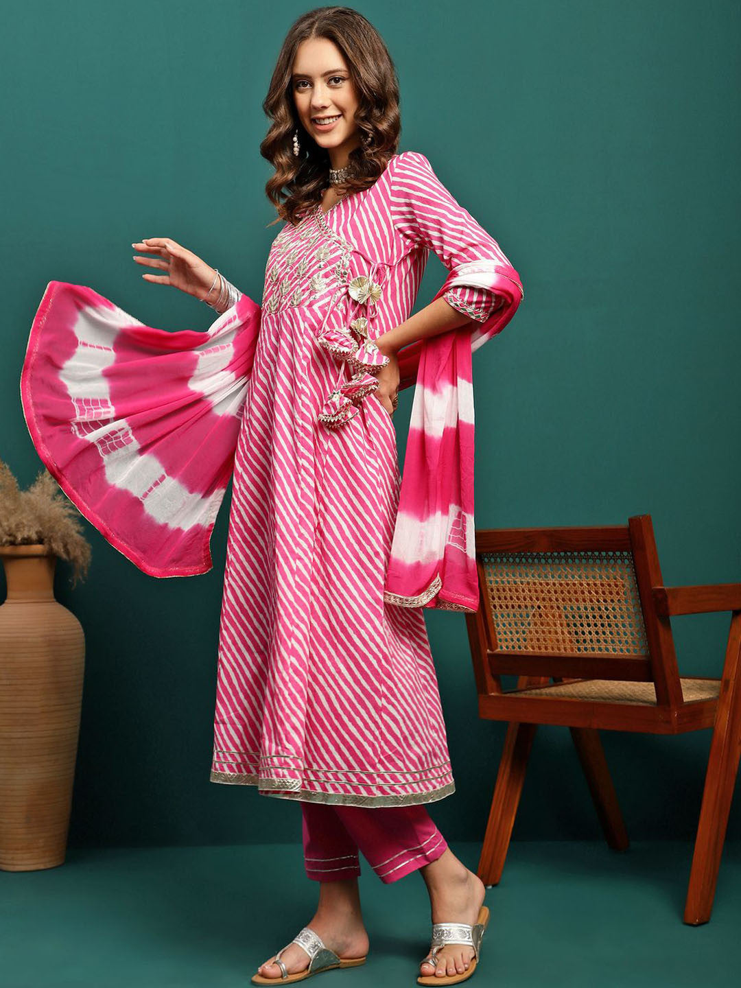 Fuchsia Floral Embroidered V-Neck Angrakha Anarkali Kurta With Trouser & Dupatta