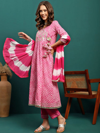 Fuchsia Floral Embroidered V-Neck Angrakha Anarkali Kurta With Trouser & Dupatta