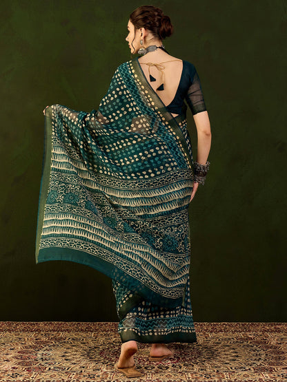 Women's Cotton Linen Teal blue Printed Designer Saree With Blouse Piece