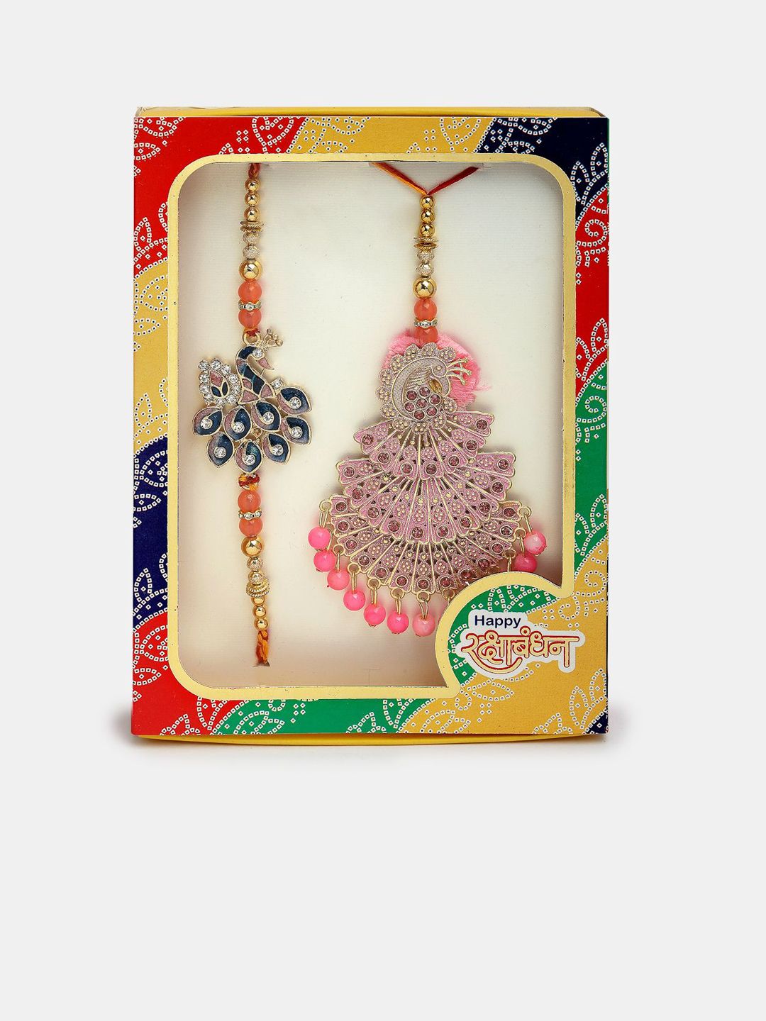 Dhiyona Stones Studded And Beaded Bhaiya Bhabhi Rakhis With Roli Chawal Chandan & Mishri