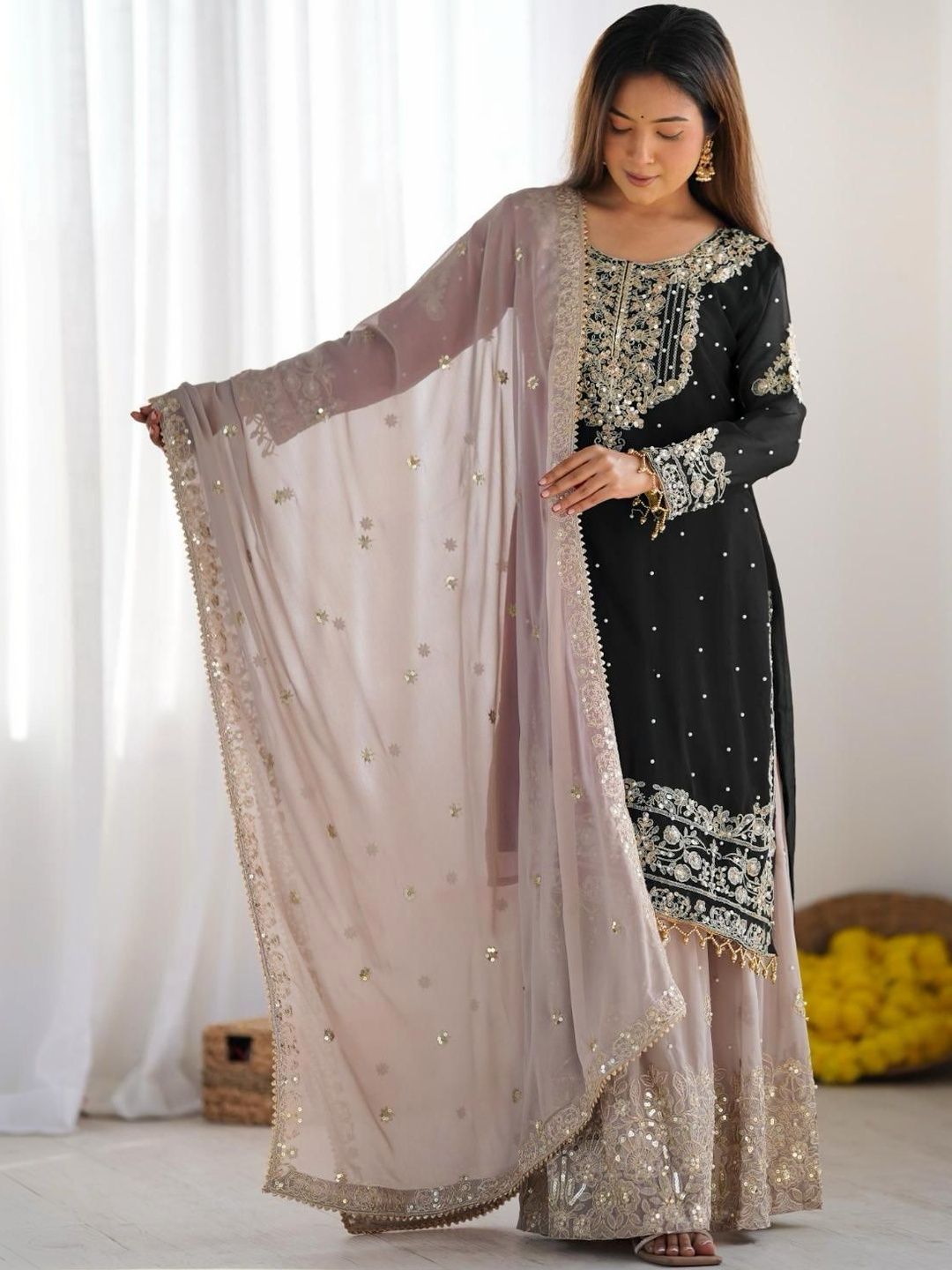 Dhiyona KL Women Ethnic Motifs Embroidered Regular Kurta with Sharara & With Dupatta