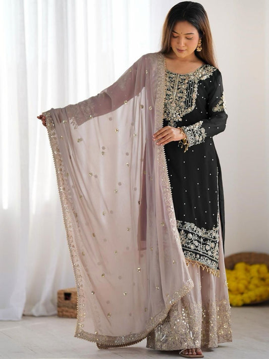 Dhiyona KL Women Ethnic Motifs Embroidered Regular Kurta with Sharara & With Dupatta