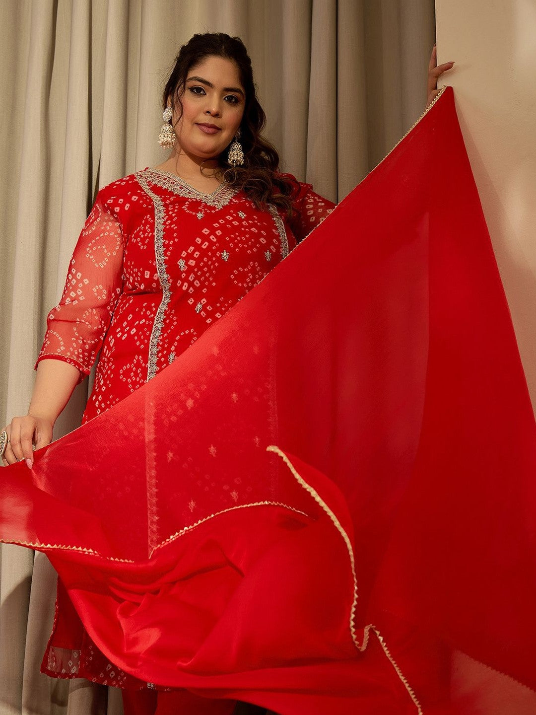 Plus Size Red Embroidered Straight Kurta Trousers With Dupatta Set