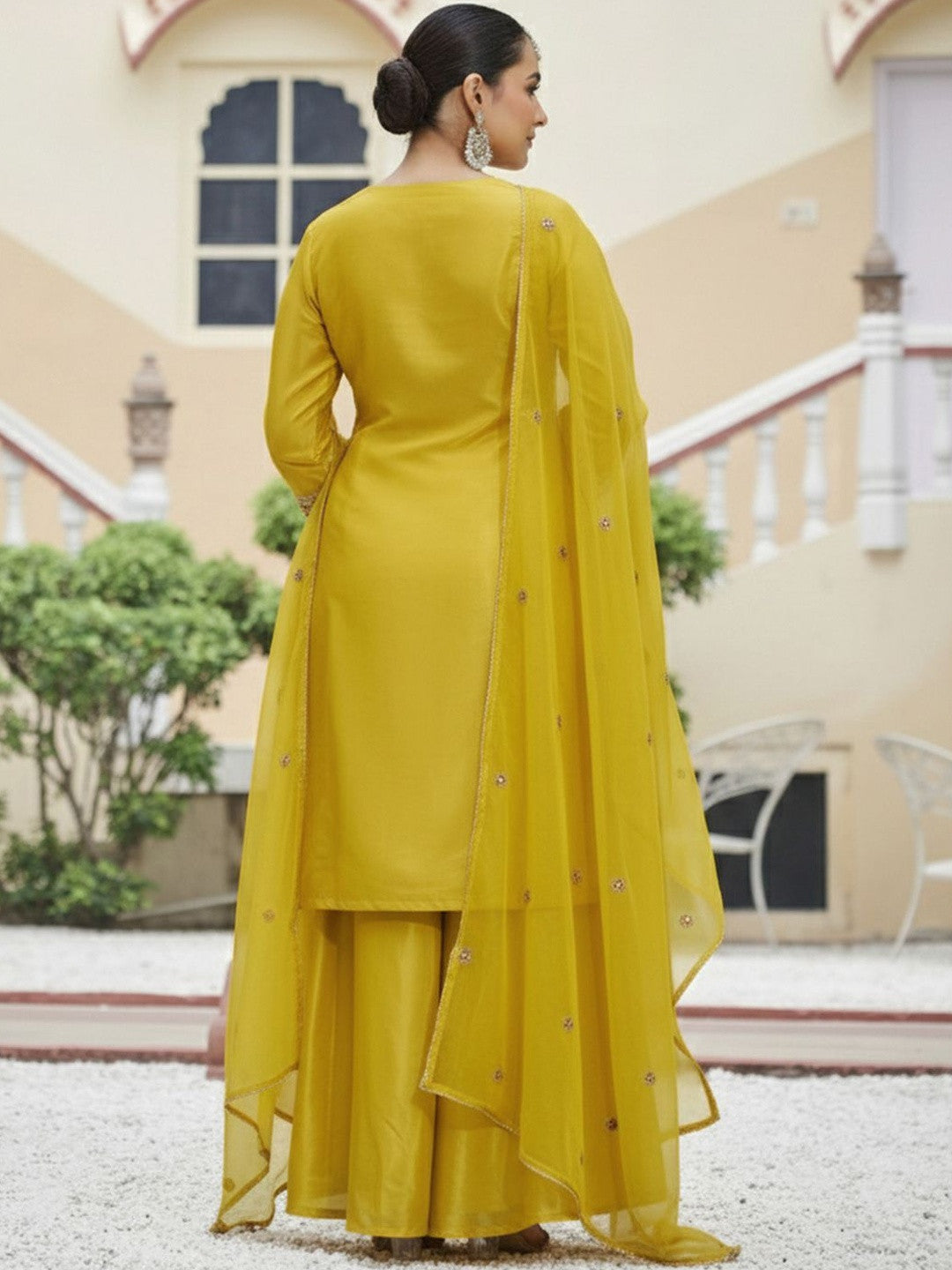 Embroidered Round Neck Kurta & Palazzos With Dupatta