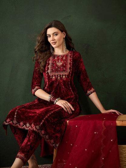 Embroidered A-Line Kurta & Trousers With Dupatta