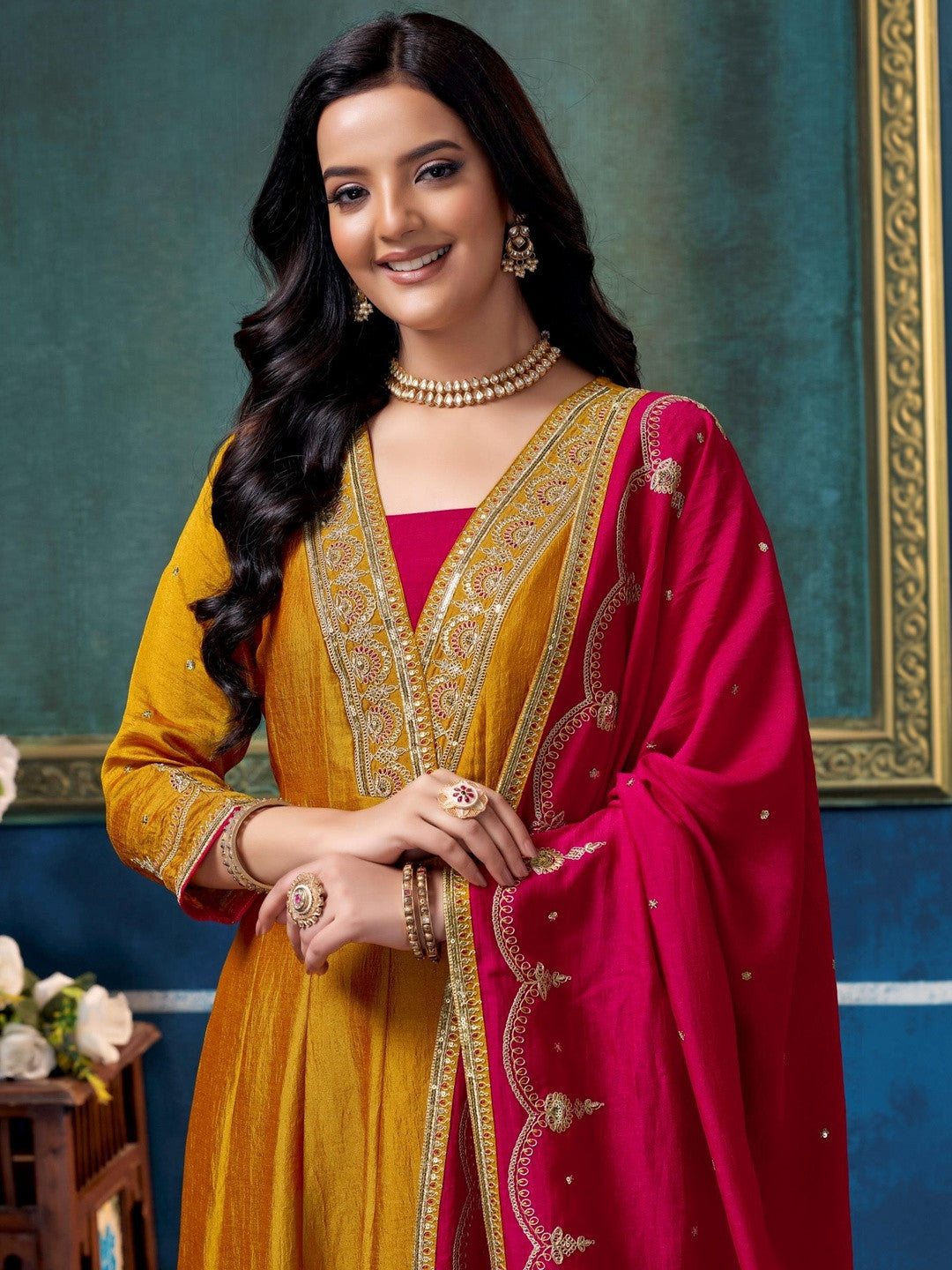 Embroidered V-Neck Kurta Trousers & Dupatta