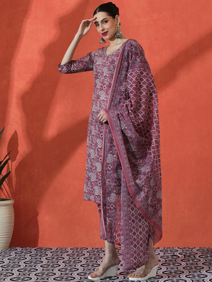 Floral Embroidered Straight Pure Cotton Kurta With Trousers & Dupatta