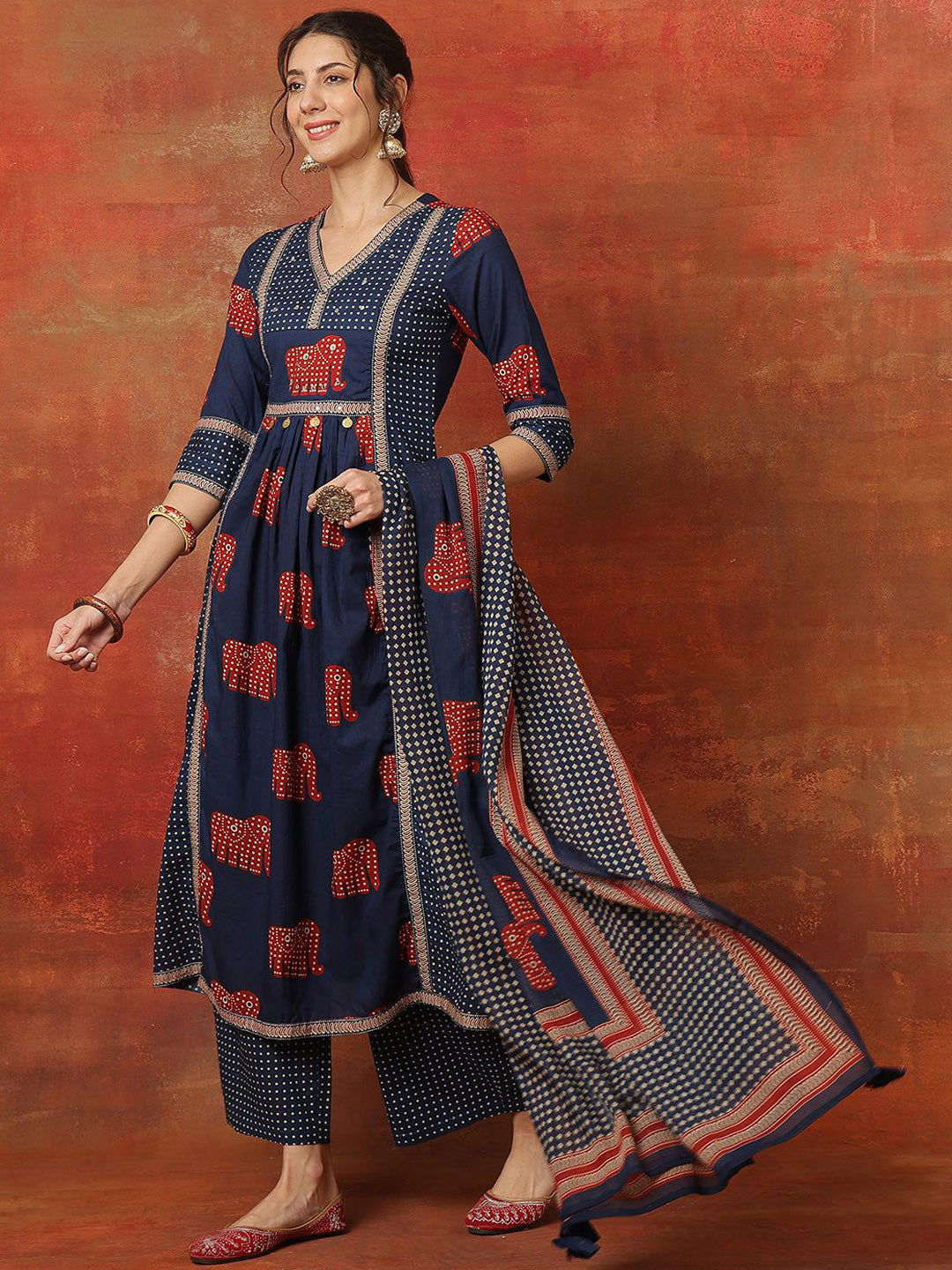 Printed Pure Cotton V-Neck Anarkali Kurta With Palazzos And Dupatta