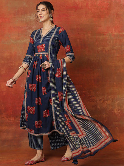 Printed Pure Cotton V-Neck Anarkali Kurta With Palazzos And Dupatta