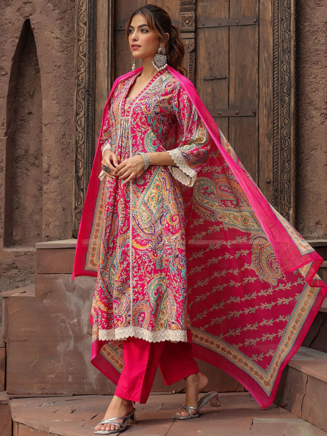 Dhiyona RR Women's Printed Thread Work Pure Cotton Anarkali Kurta with Trousers & Dupatta