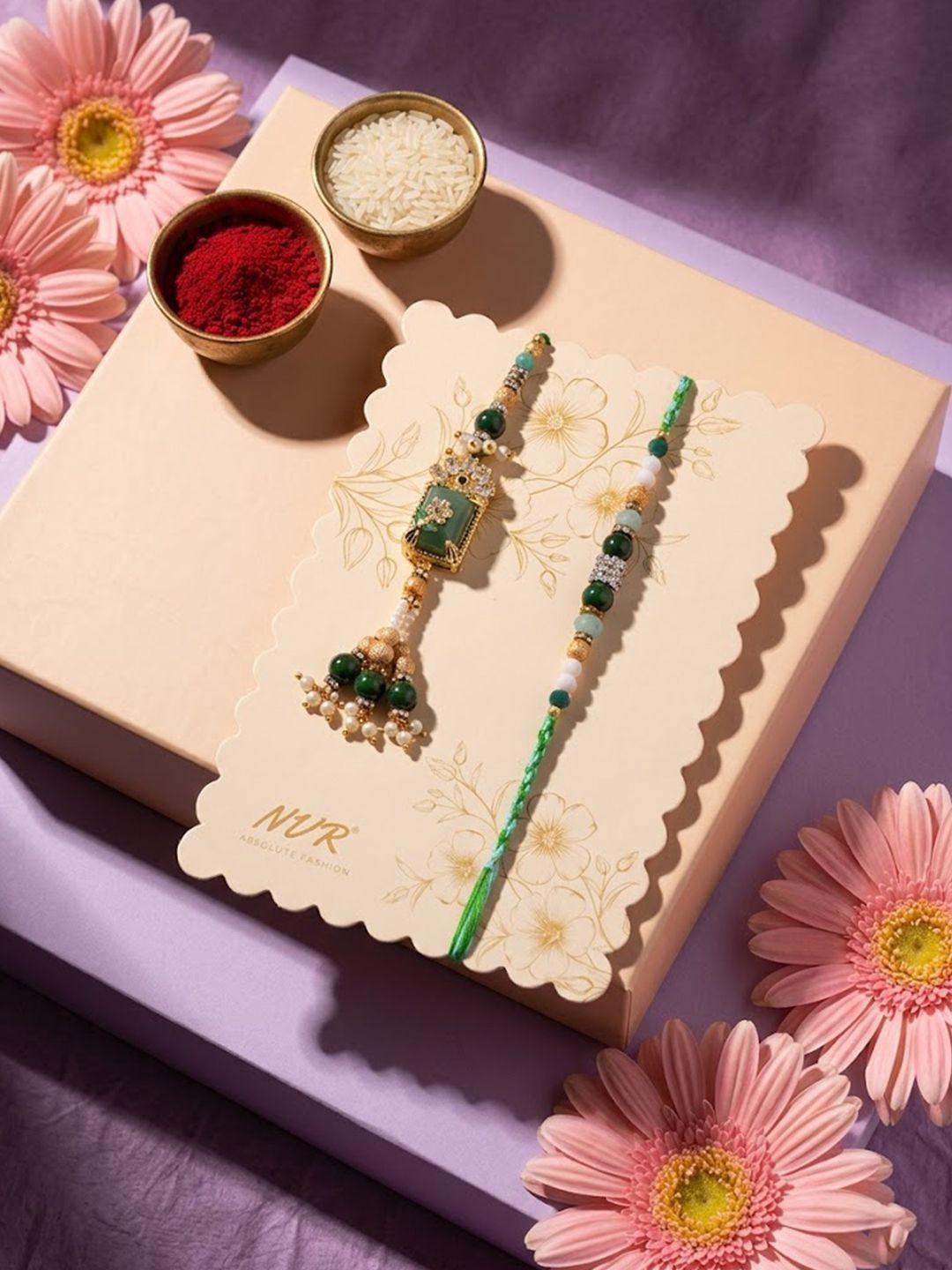 Dhiyona Set Of 2 Green Artificial Beads Traditional Bhaiya Bhabhi Rakhi With Roli Chawal