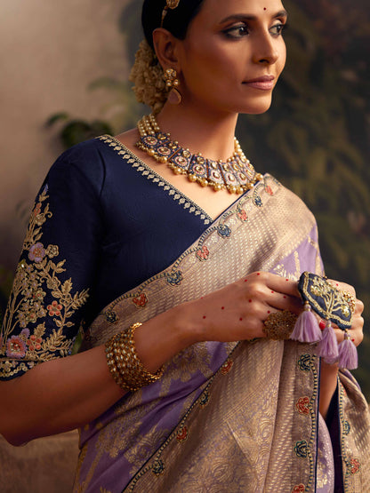 Dhiyona KM Women Elegant Lavender Viscose Dola Silk Saree With Contrast Blue Blouse Piece