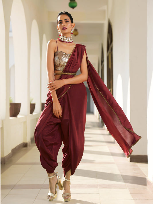 Dhiyona ST Majestic Maroon Overlap Dhoti Saree with Belt