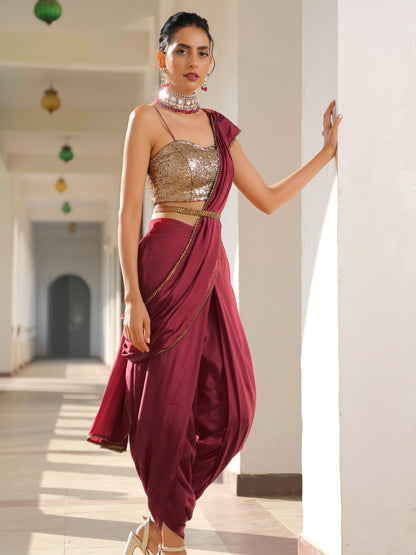 Dhiyona ST Majestic Maroon Overlap Dhoti Saree with Belt