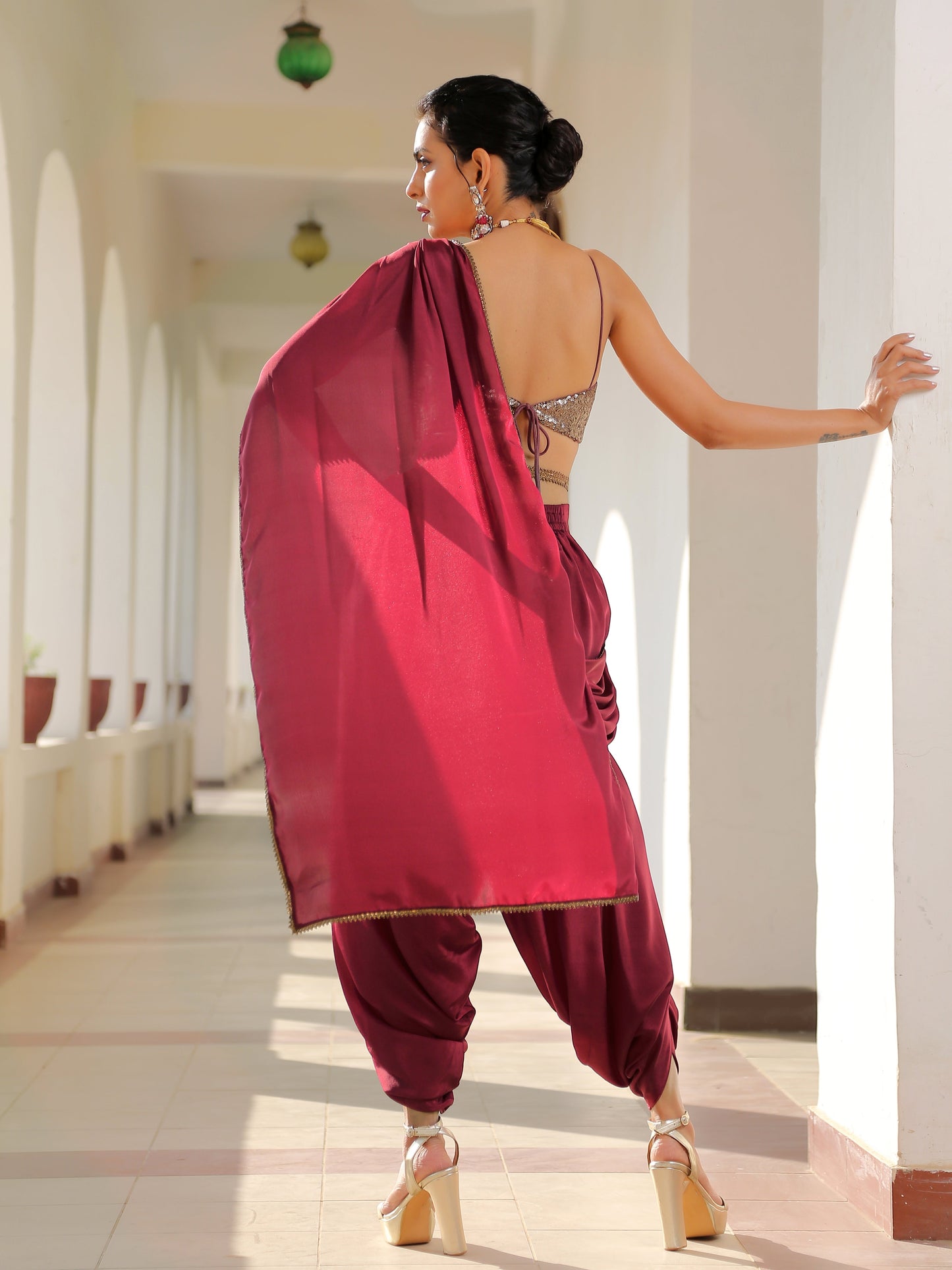 Dhiyona ST Majestic Maroon Overlap Dhoti Saree with Belt