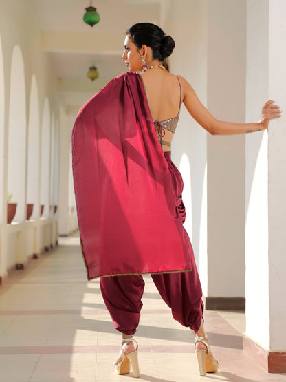 Dhiyona ST Majestic Maroon Overlap Dhoti Saree with Belt