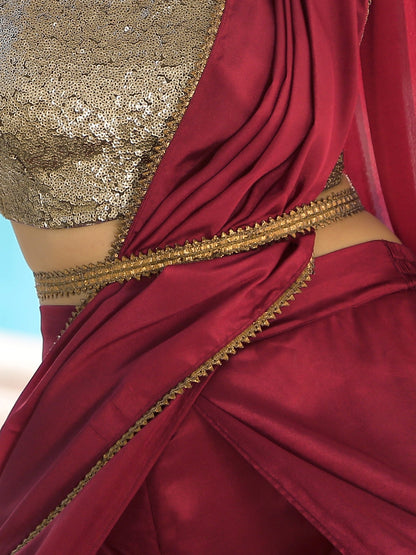 Dhiyona ST Majestic Maroon Overlap Dhoti Saree with Belt