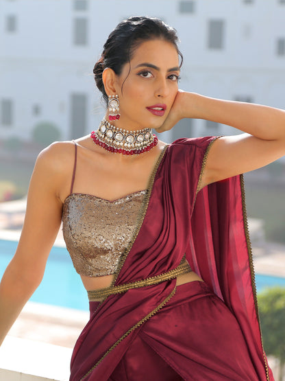 Dhiyona ST Majestic Maroon Overlap Dhoti Saree with Belt