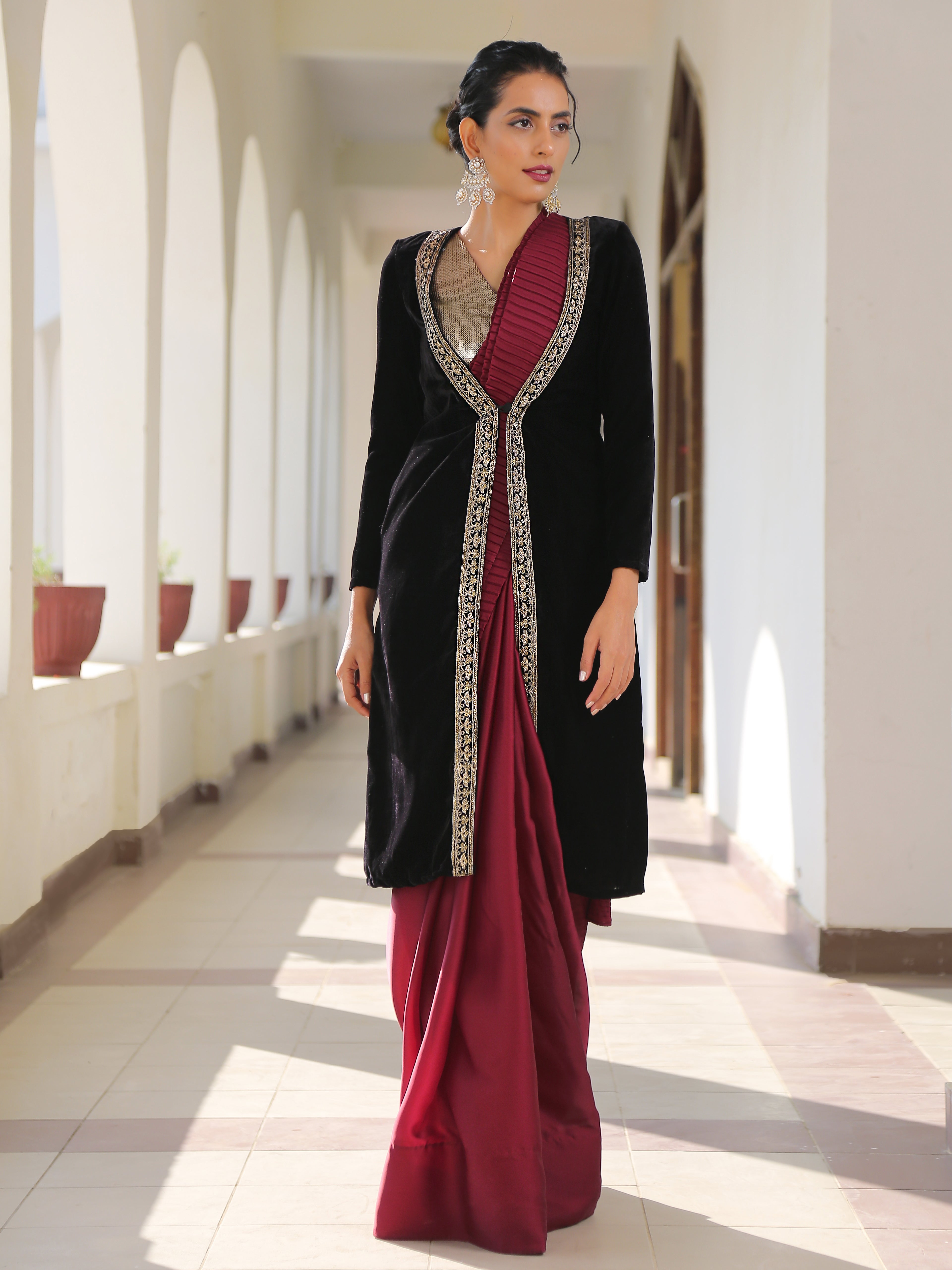 Dhiyona ST Black Velvet Jacket with Lace