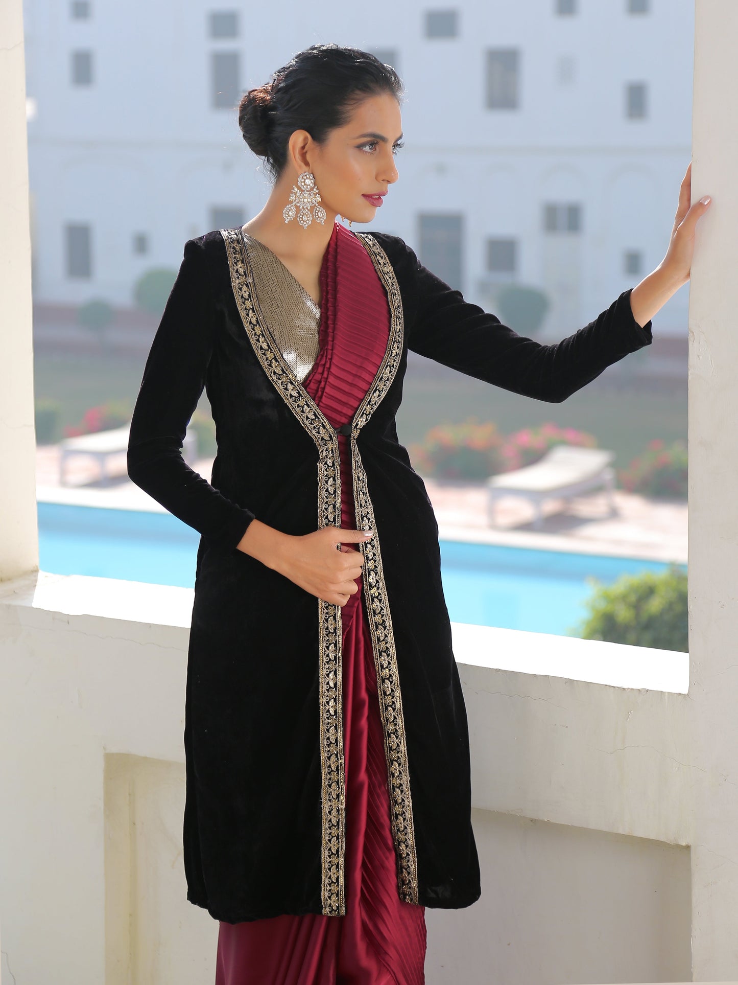 Dhiyona ST Black Velvet Jacket with Lace