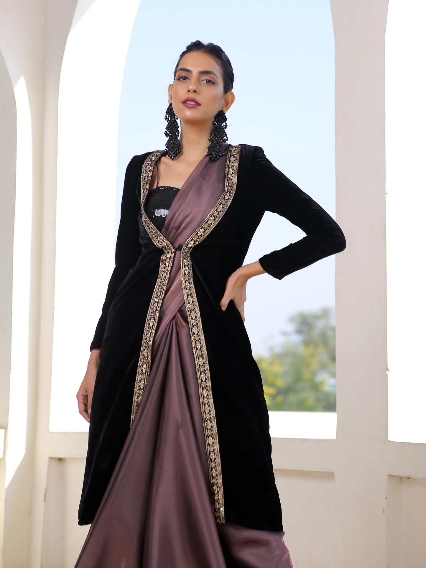Dhiyona ST Black Velvet Jacket with Lace