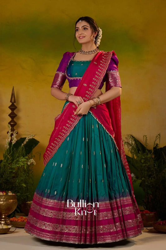Dhiyona BN Rama Roshni Gadval Silk Lehenga Set In Peacock blue