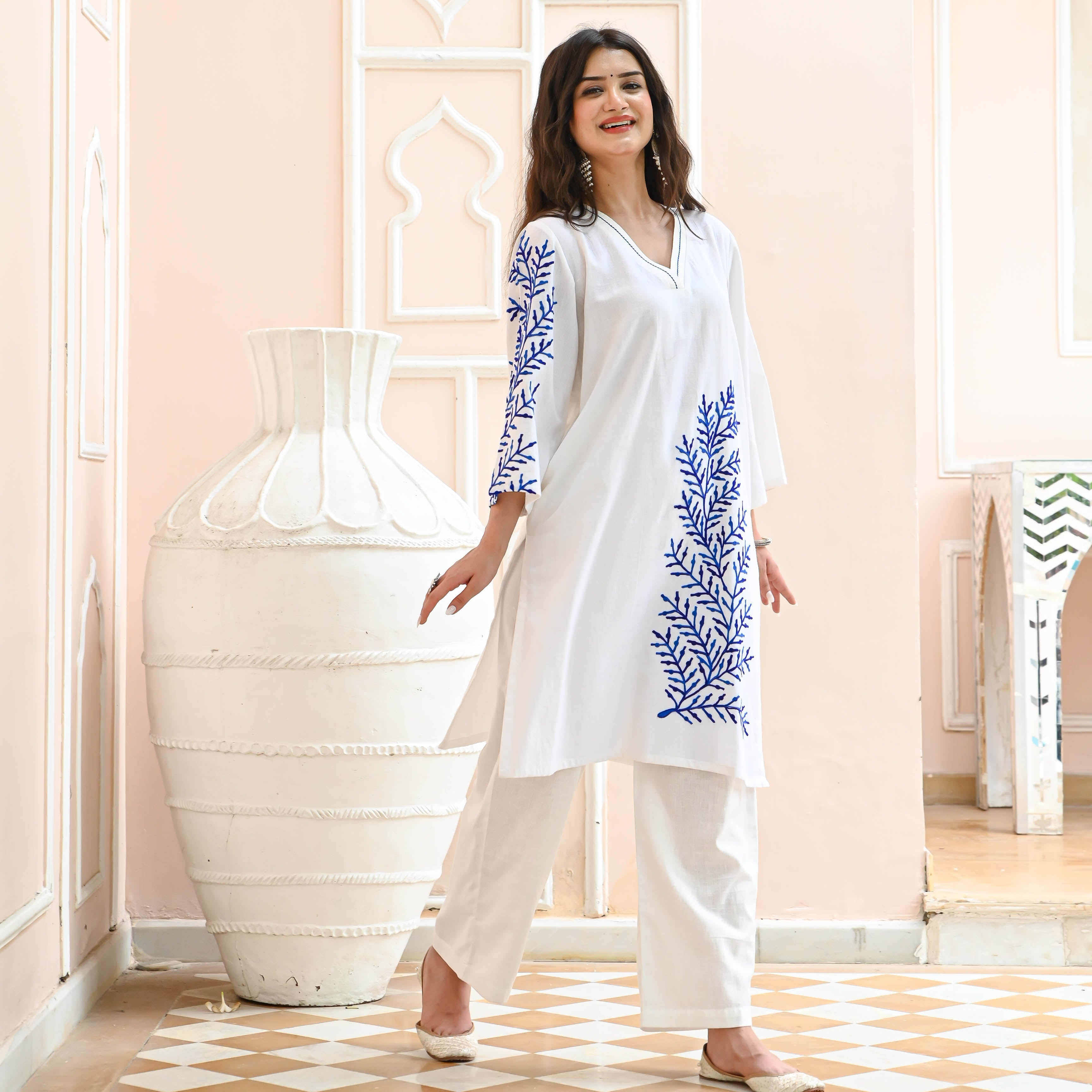 White Blue Embroidered Co-ord Set