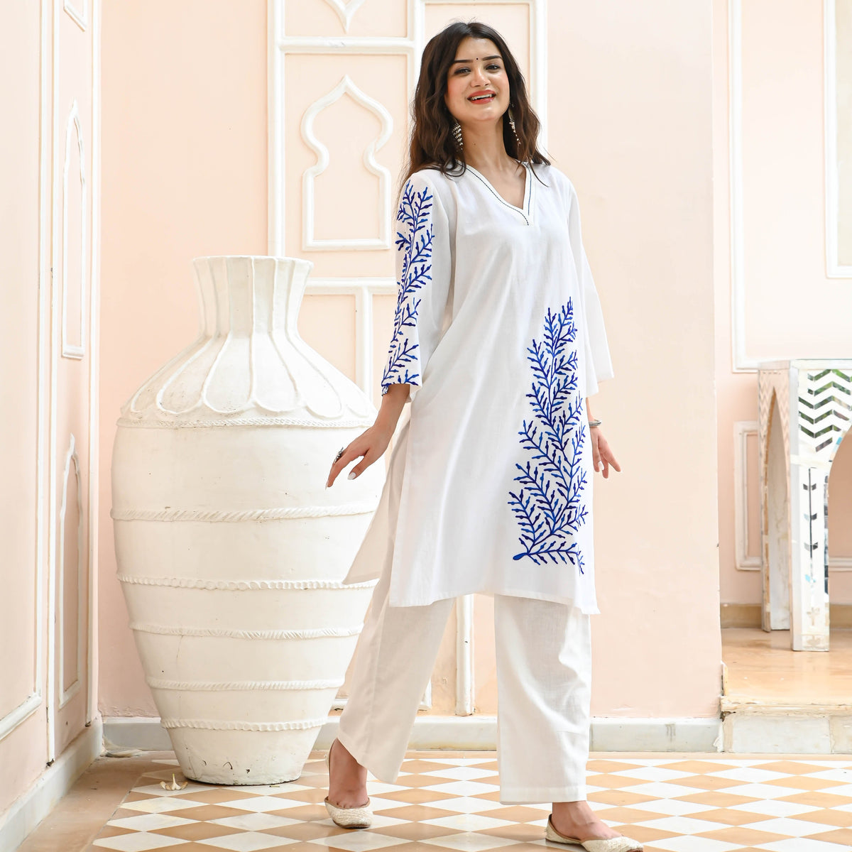 White Blue Embroidered Co-ord Set